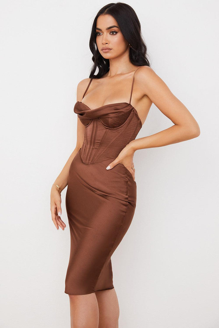 NARIN Corset Slip Midi Dress - Brown - MALVI PARIS