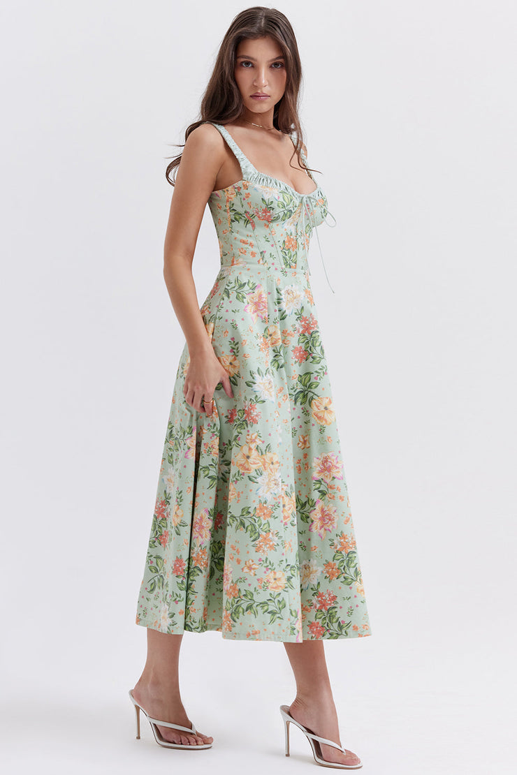 Sabrina Light Jade Print Bustier Sundress Midi Dress - Green