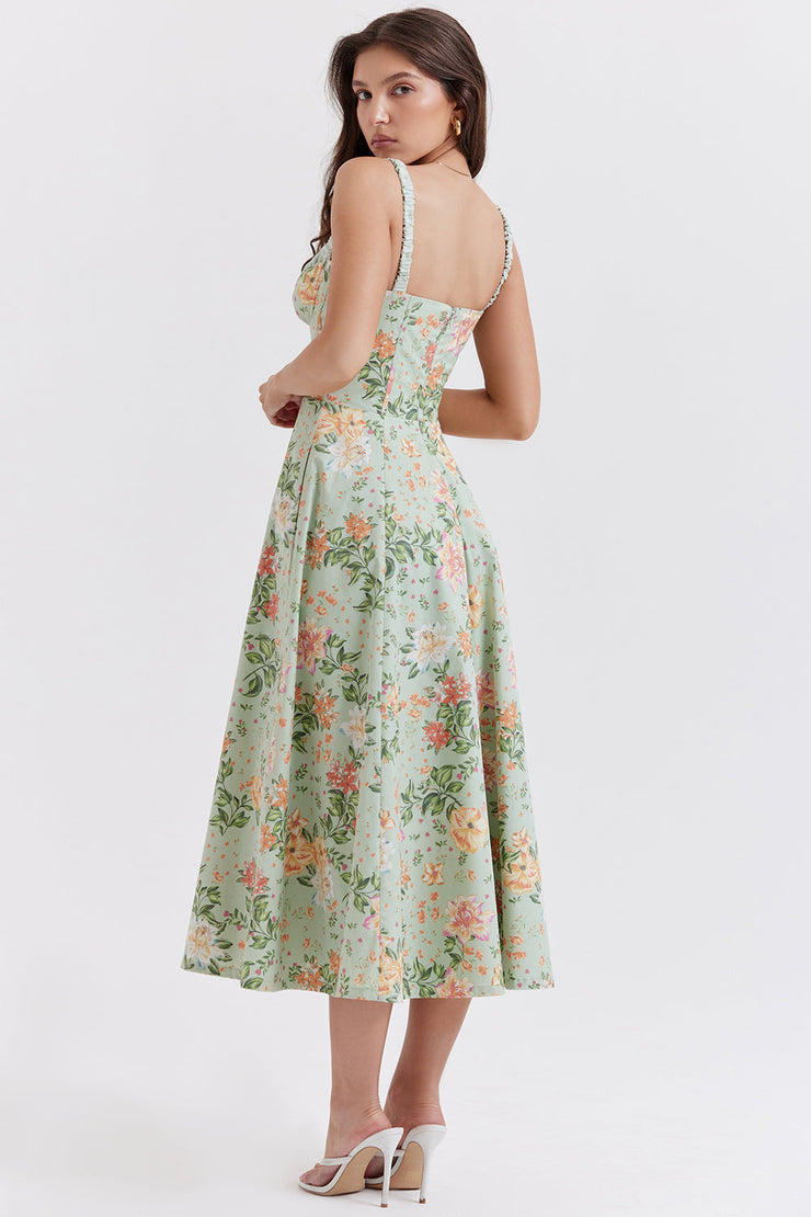 Sabrina Light Jade Print Bustier Sundress Midi Dress - Green