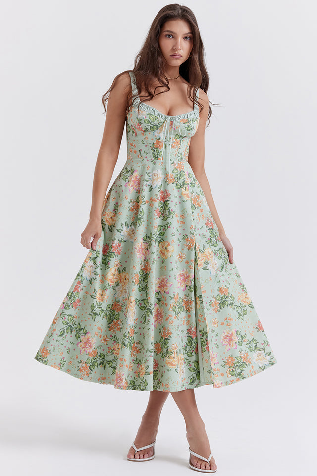 Sabrina Light Jade Print Bustier Sundress Midi Dress - Green