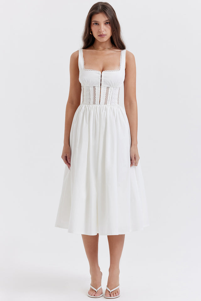 Perle White Lace Trim Midi Dress - White Dresses