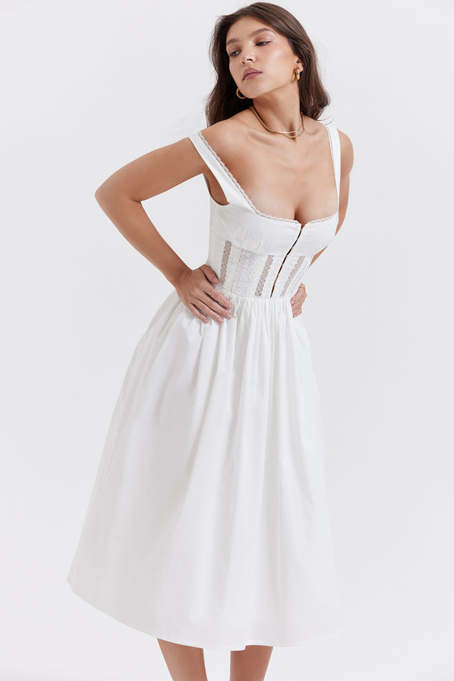 Perle White Lace Trim Midi Dress - White Dresses