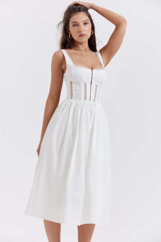 Perle White Lace Trim Midi Dress - White Dresses