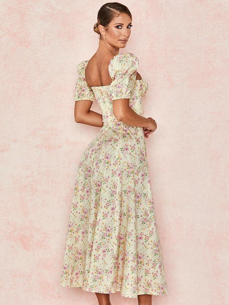 TALLULAH LEMON FLORAL PUFF SLEEVE MIDI SUNDRESS - Yellow - MALVI PARIS