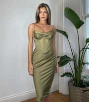 NARIN OLIVE CORSET SLIP DRESS - Green - MALVI PARIS