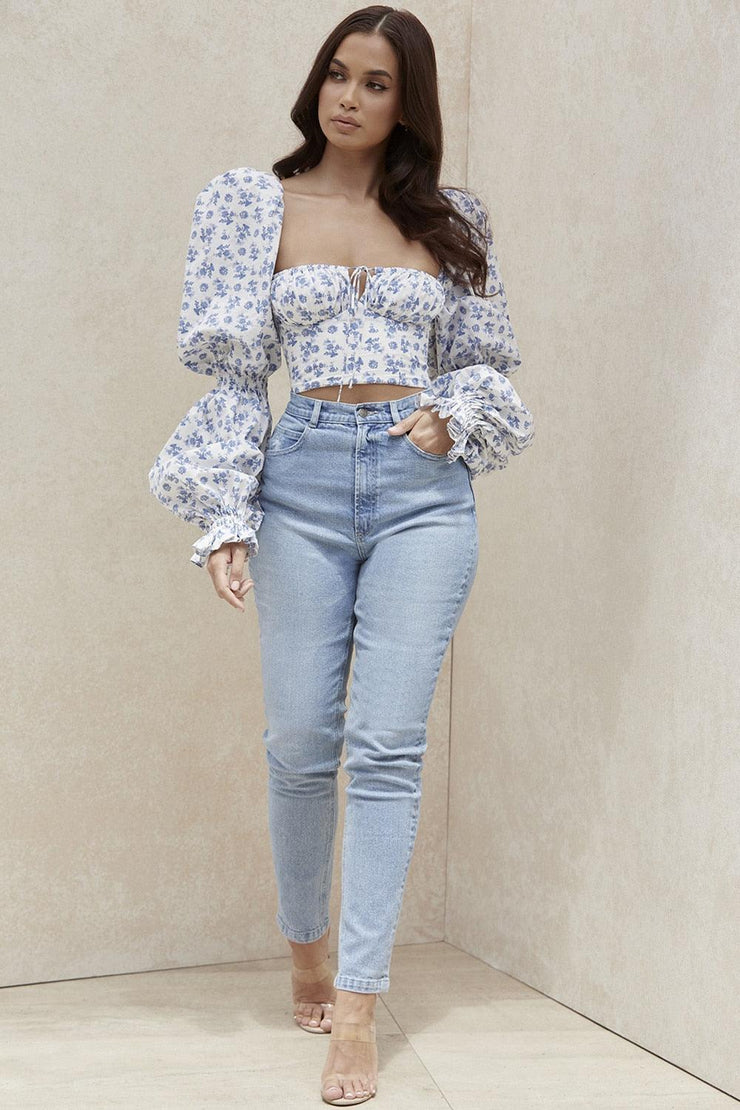 MILLICENT WHITE FLORAL CROPPED CORSET TOP - Blue - MALVI PARIS