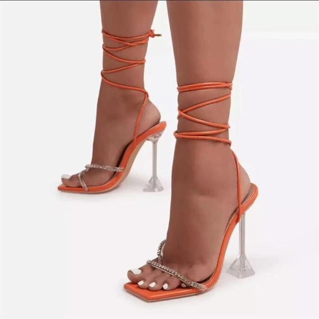 NICY TRANSPARENT DIAMOND HIGH HEELS - Orange - MALVI PARIS