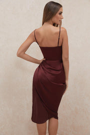 REVA  RAISIN SATIN BALCONY CORSET MIDI LONG DRESS - Dark Red - MALVI PARIS