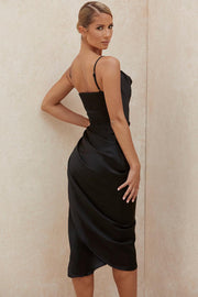 REVA  SATIN BALCONY CORSET MIDI LONG DRESS - Black - MALVI PARIS