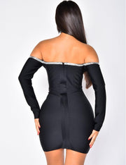 Shine Shoulder Long Sleeve Diamond  Dress - Black - MALVI PARIS