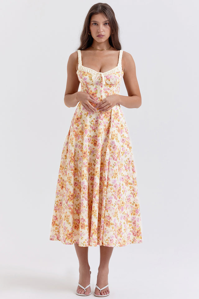 Sabrina Ivory Print Bustier Sundress Midi Dress - Pink