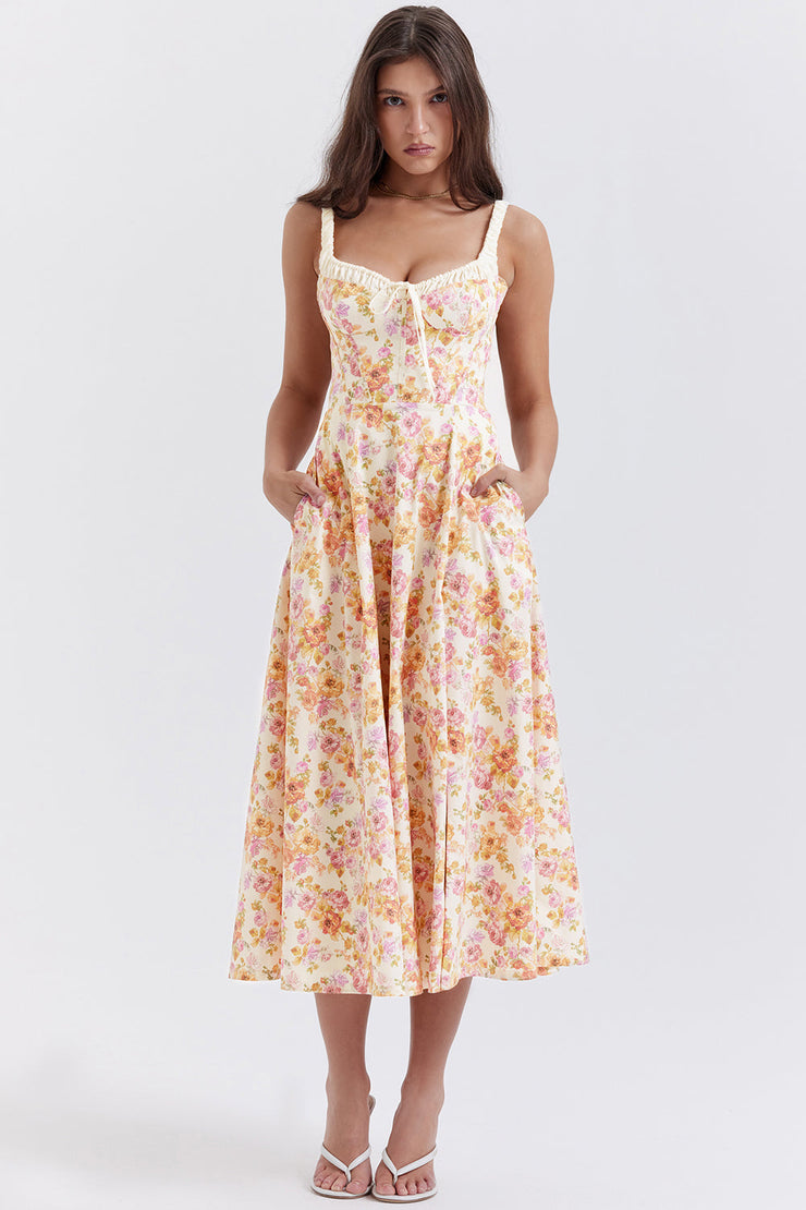 Sabrina Ivory Print Bustier Sundress Midi Dress - Pink