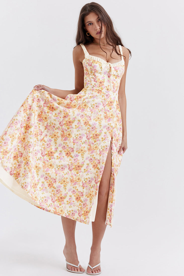 Sabrina Ivory Print Bustier Sundress Midi Dress - Pink