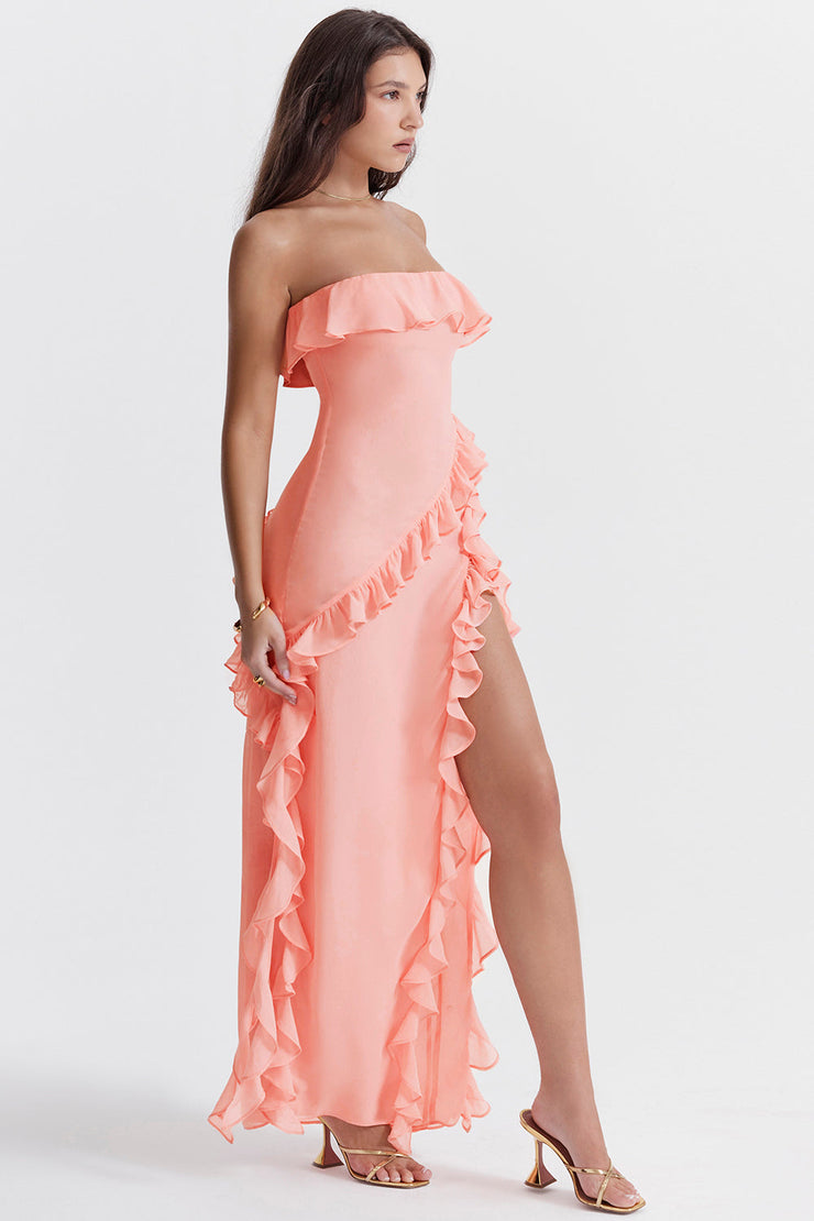 Sarina Aprico Ruffle Asymmetric Cocktail Maxi Dress - Pink Dresses