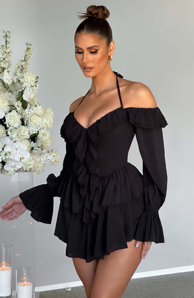 Lyon Off Shoulder Ruffle Mini Dress - Black Dresses