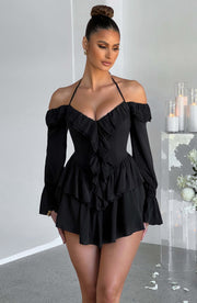 Lyon Off Shoulder Ruffle Mini Dress - Black Dresses