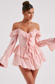 Lyon Off Shoulder Ruffle Mini Dress - Pink Dresses