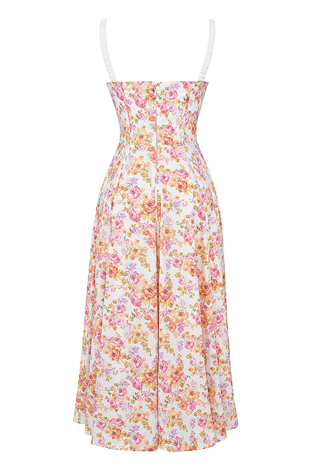 Sabrina Ivory Print Bustier Sundress Midi Dress - Pink