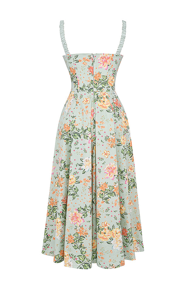 Sabrina Light Jade Print Bustier Sundress Midi Dress - Green