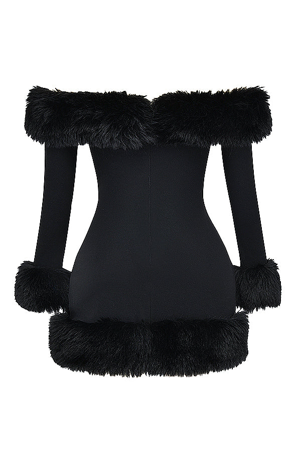 Keilani Black Long Sleeves Faux Fur Mini Dress -