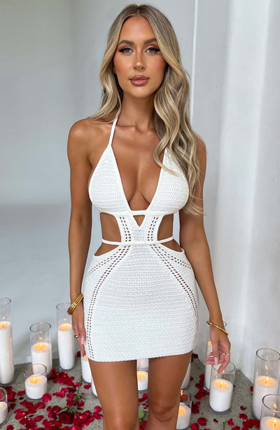 Selini Crochet Knit Cut Out Mini Dress - White Dress