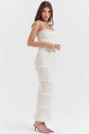 Solana Ruffles Ivory Sequin Pleat Maxi Dress - White Dresses