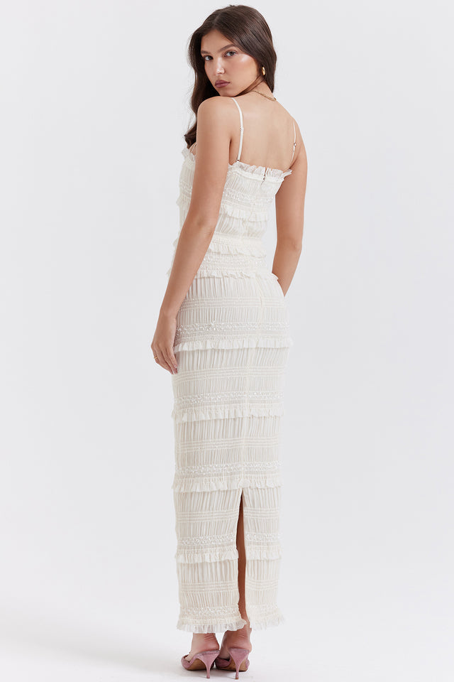 Solana Ruffles Ivory Sequin Pleat Maxi Dress - White Dresses