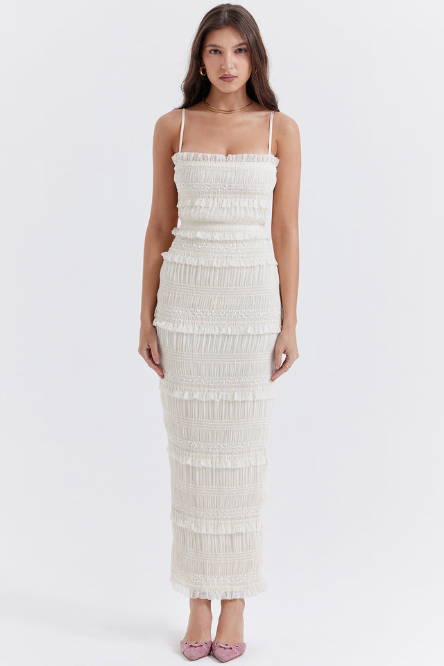 Solana Ruffles Ivory Sequin Pleat Maxi Dress - White Dresses