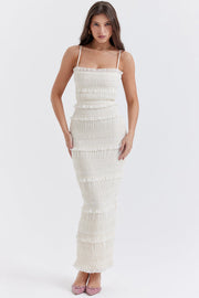 Solana Ruffles Ivory Sequin Pleat Maxi Dress - White Dresses