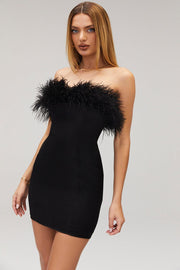 MADDIE Satin Off Shoulder Feather Strapless Mini Dress - Black - MALVI PARIS