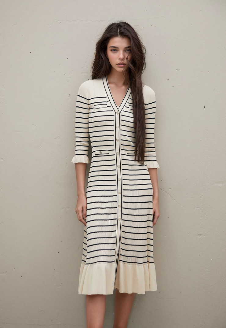 Striped Midi Dress - Beige Dresses