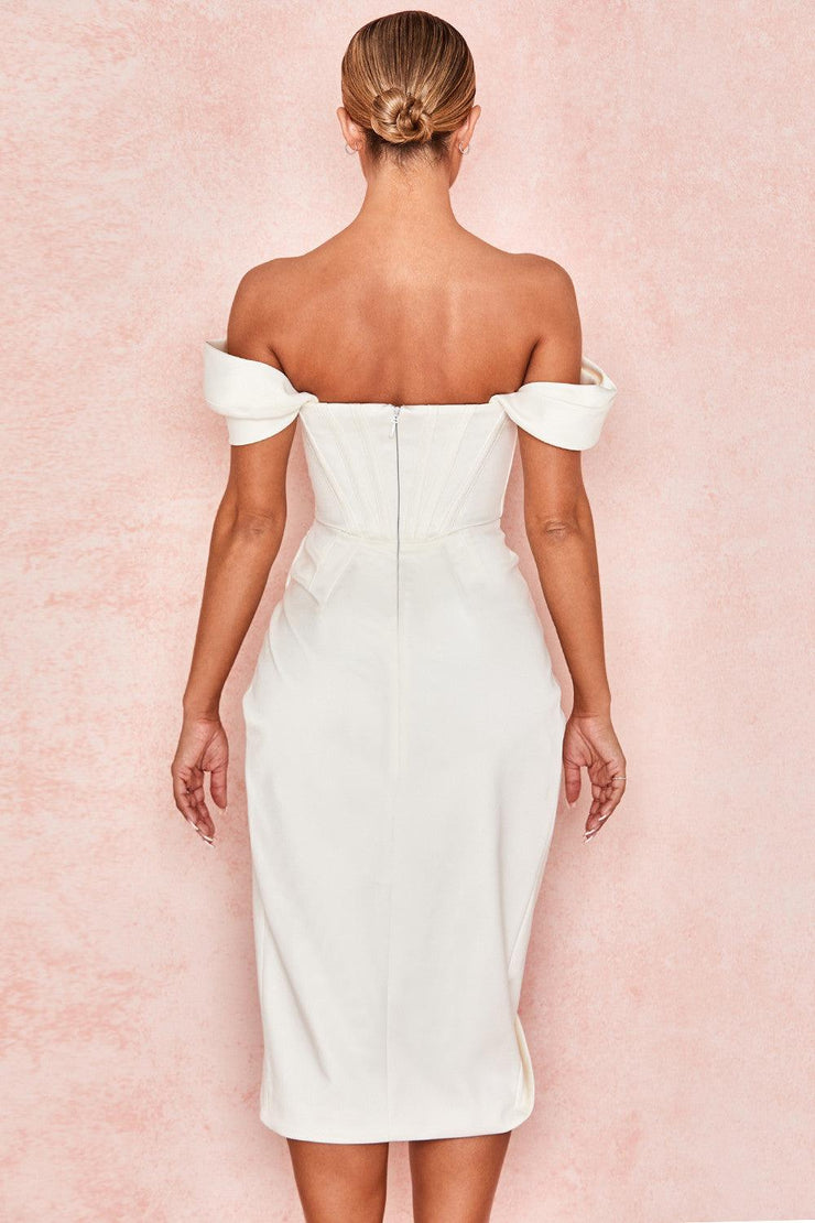 LORETTA SATIN OFF SHOULDER MIDI DRESS - White - MALVI PARIS