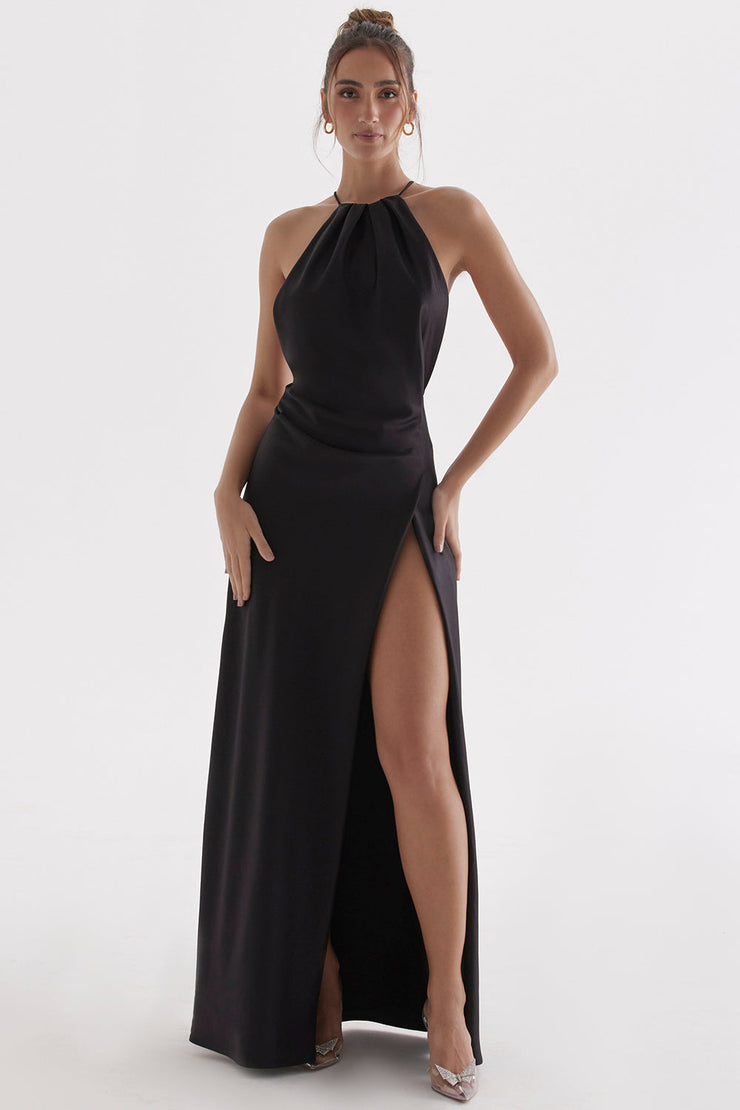 Zanab Black Asymmetric Thigh Slit Maxi Dress - Black Dresses