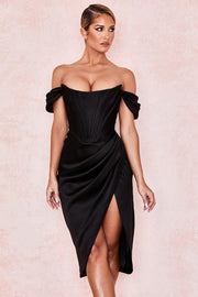 LORETTA SATIN OFF SHOULDER DRESS - Black